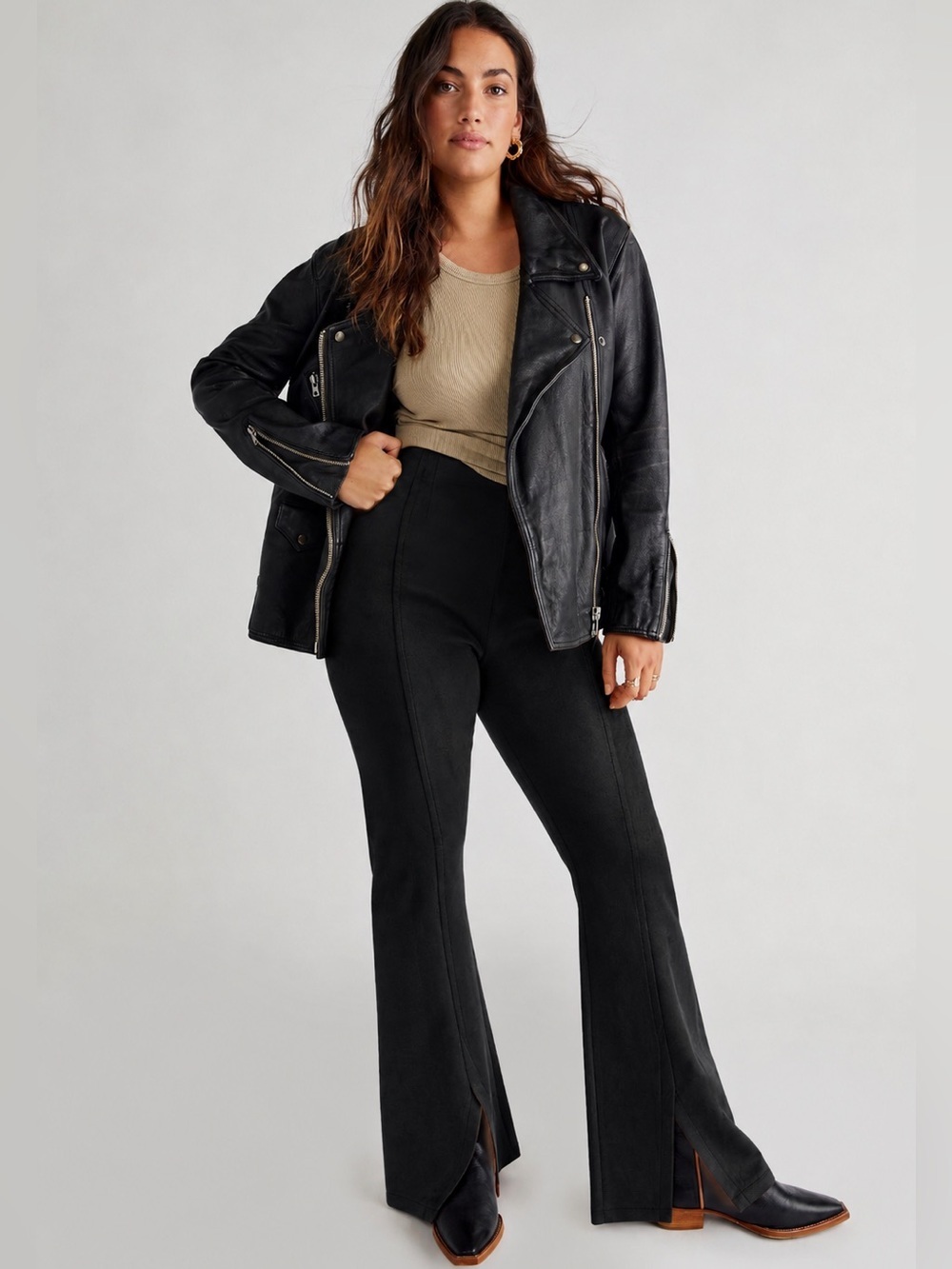 We The Free Faux Suede Flare Pants Black Slit Hem High Rise Size 31